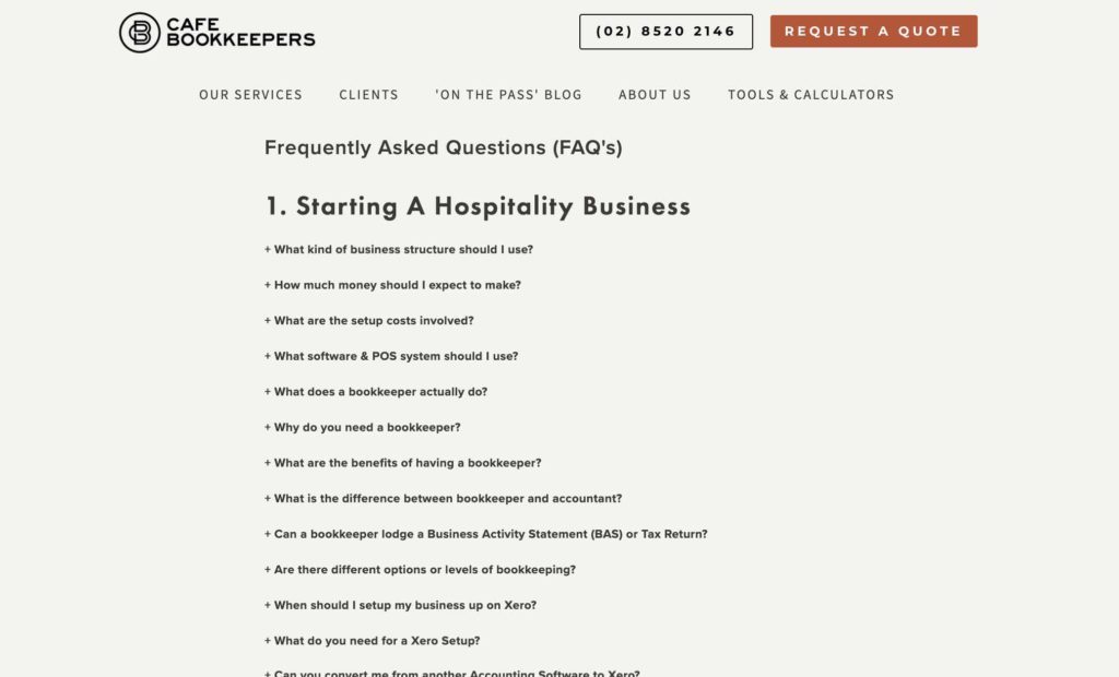 Cafe Bookkeepers FAQ page example