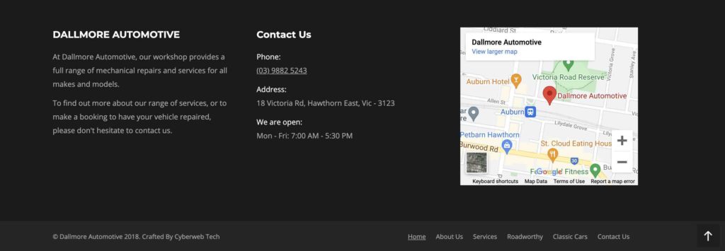 Dallmore Automotive website footer example screenshot