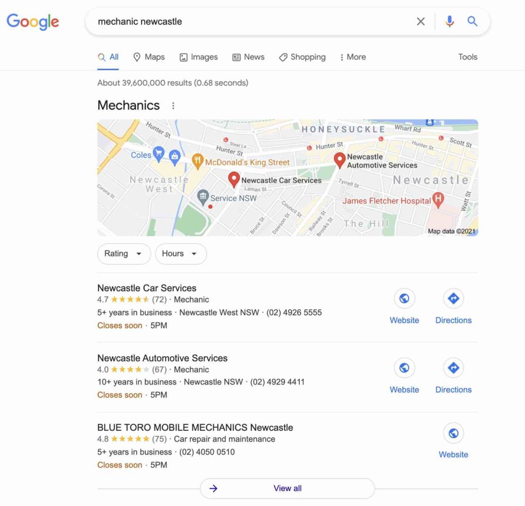 Screenshot of Google search showing top 3 results for the term 'mechanic newcastle'