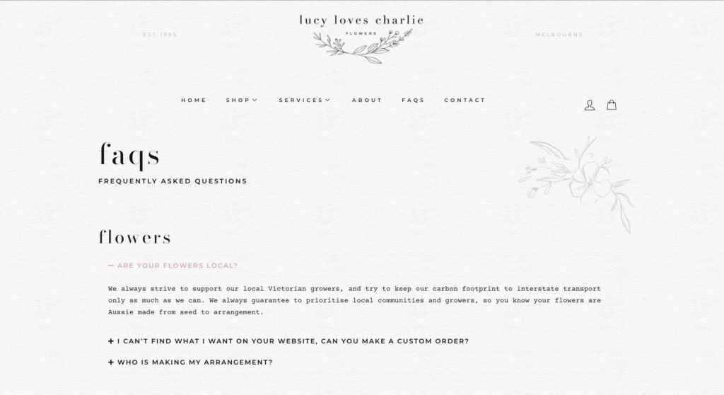 Lucy Loves Charlie florist FAQ page example screenshot
