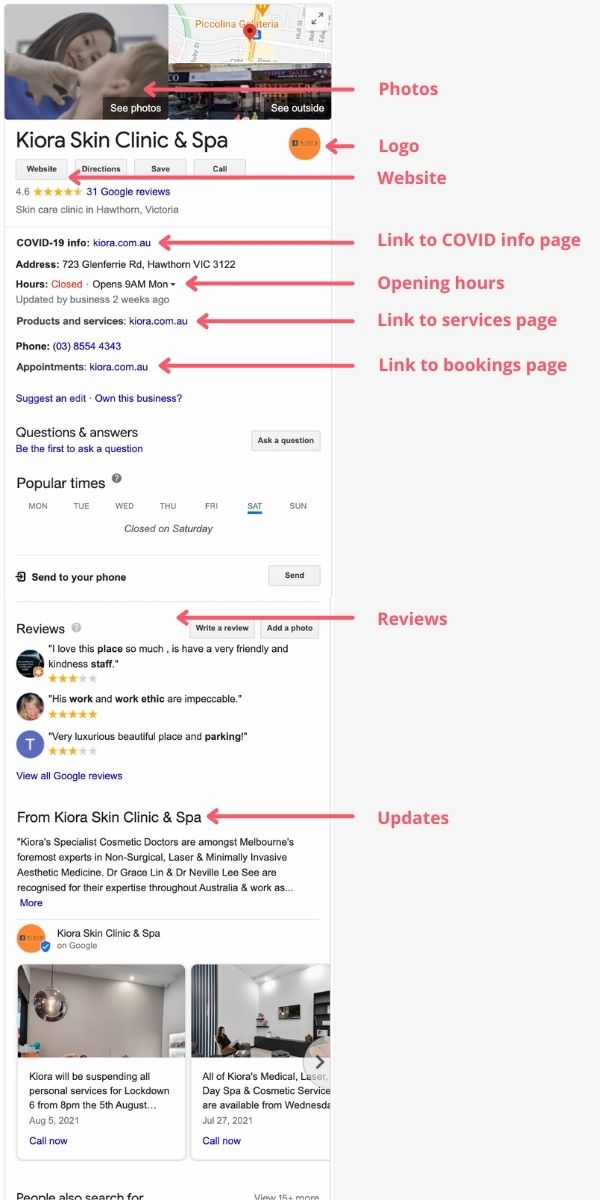 Screenshot example of an optimised google my business listing with all of the fields filled out