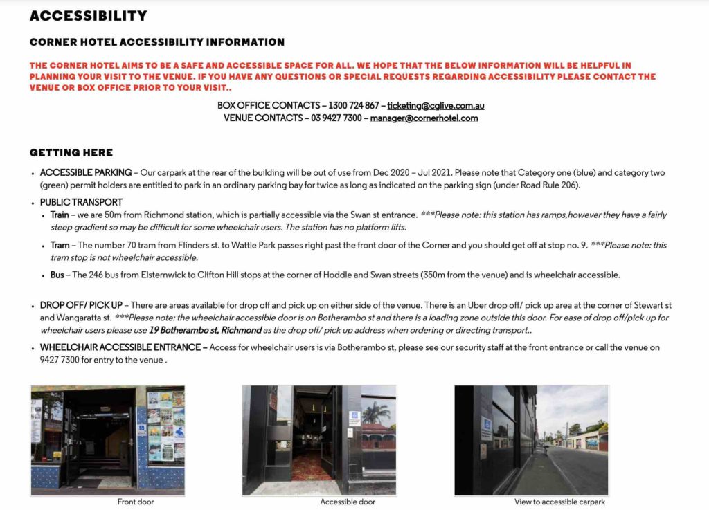 Screenshot of the Corner Hotel Accessibility Information page