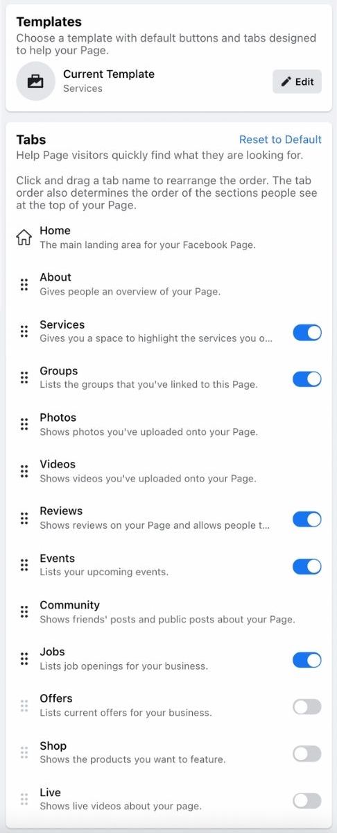 Screenshot of the facebook templates and tabs settings