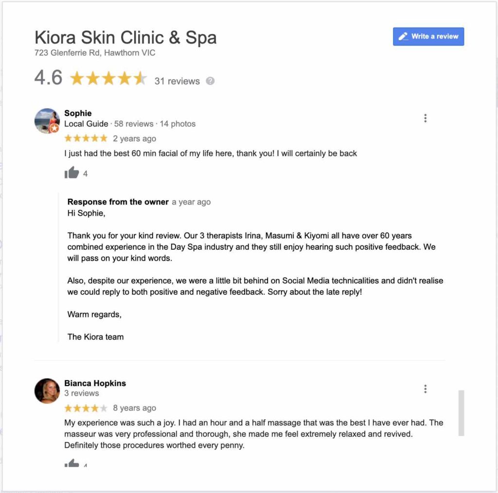 screenshot of Google review and response from owner
