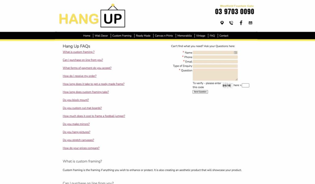 Hang Up framing FAQ page example screenshot