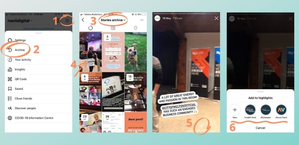 Screenshots demonstrating how to create an Instagram story highlight