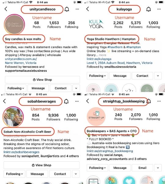 Screenshots of four small business instagram accounts showing examples of different usernames and account names