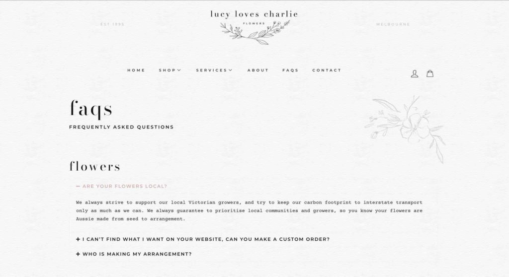 Lucy Loves Charlie florist FAQ page example screenshot