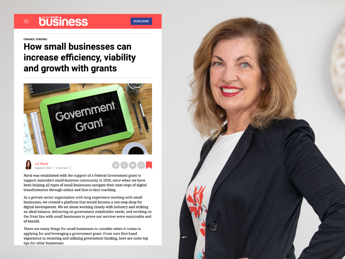 Professional photo of Navii CEO Liz Ward with screenshot excerpt from the Inside Small Business August article excerpt