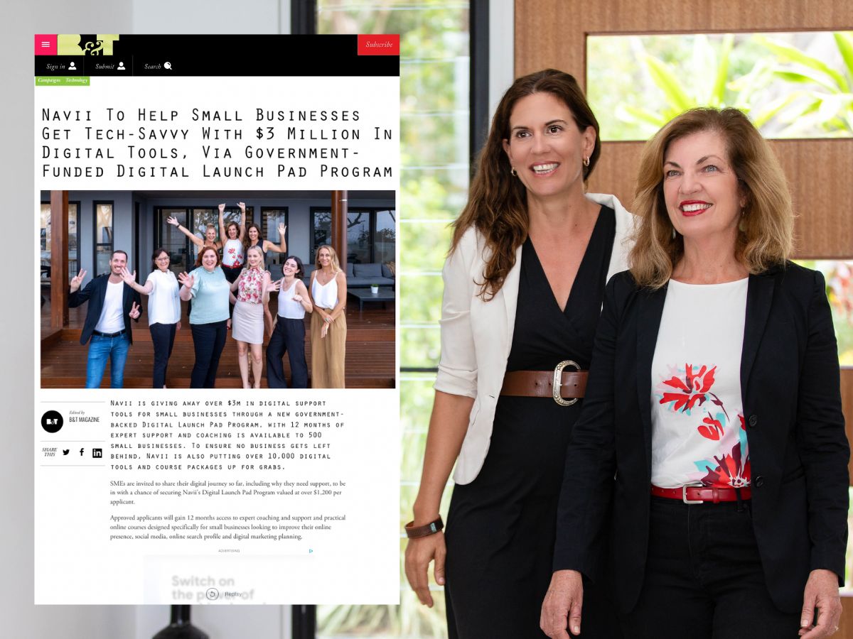 Professional photo of Navii Co-founders Liz Ward and Fabienne Wintle with screenshot excerpt from the B&T article excerpt displayed to their left.