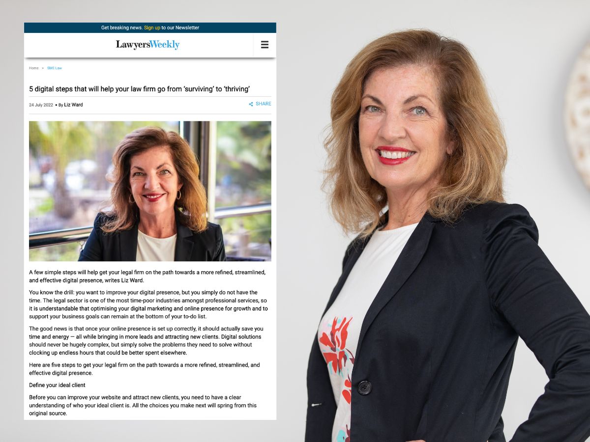 Professional photo of Navii CEO Liz Ward with screenshot excerpt from the Lawyers Weekly article displayed to her left.