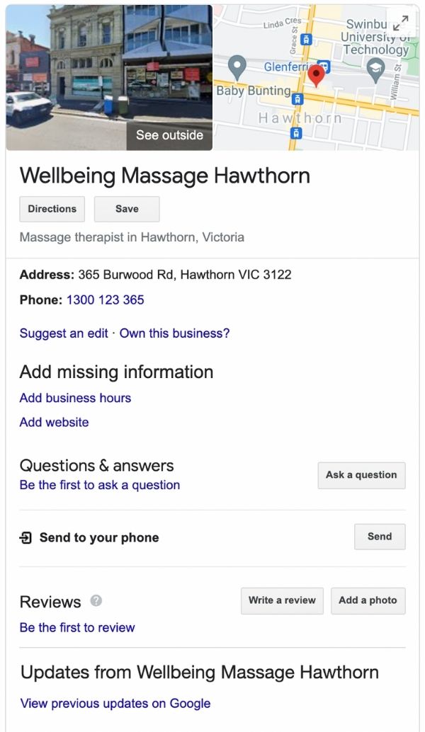 Screenshot example of a google my business listing that has not been optimised