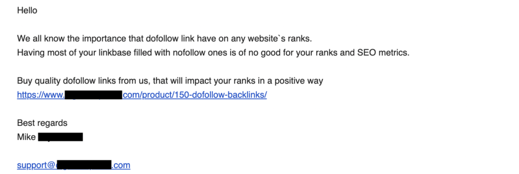 Screenshot of an unsolicited email from someone selling SEO backlinks