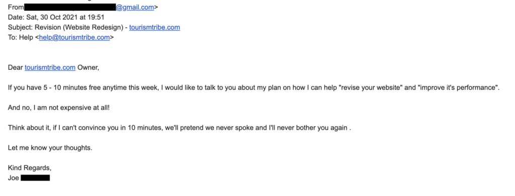 Screenshot of an unsolicited email from someone offering to make improvements to the recipients website