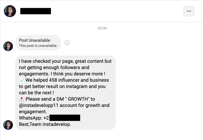 Screenshot of an unsolicited Instagram message from someone offering to help grow the recipients Instagram audience and boost engagement