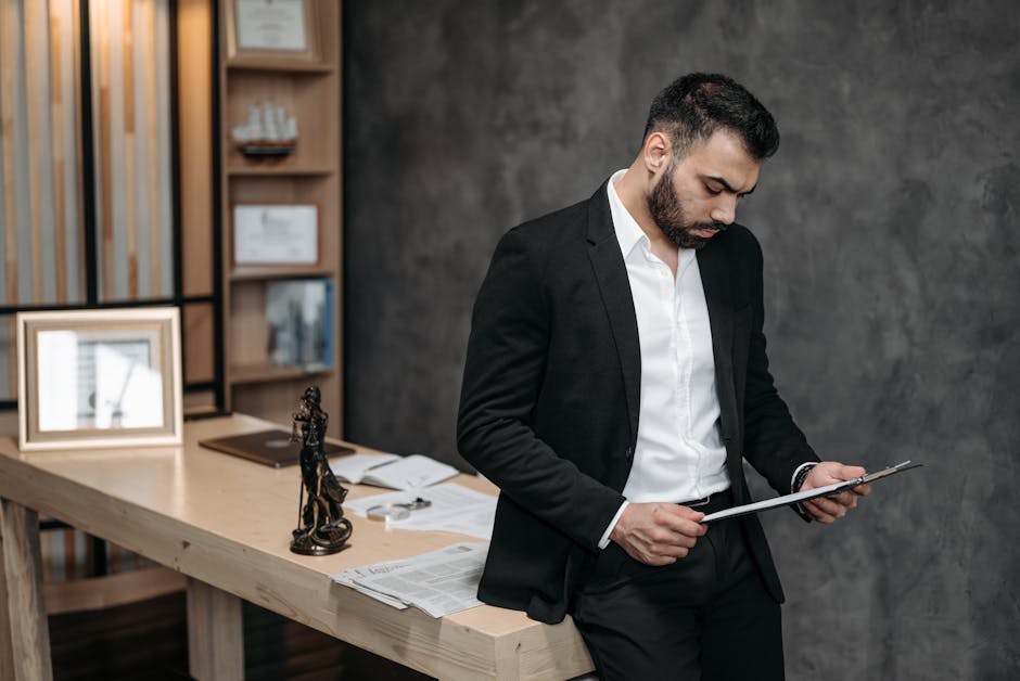 Legal professional reviewing documents at a desk with natural light