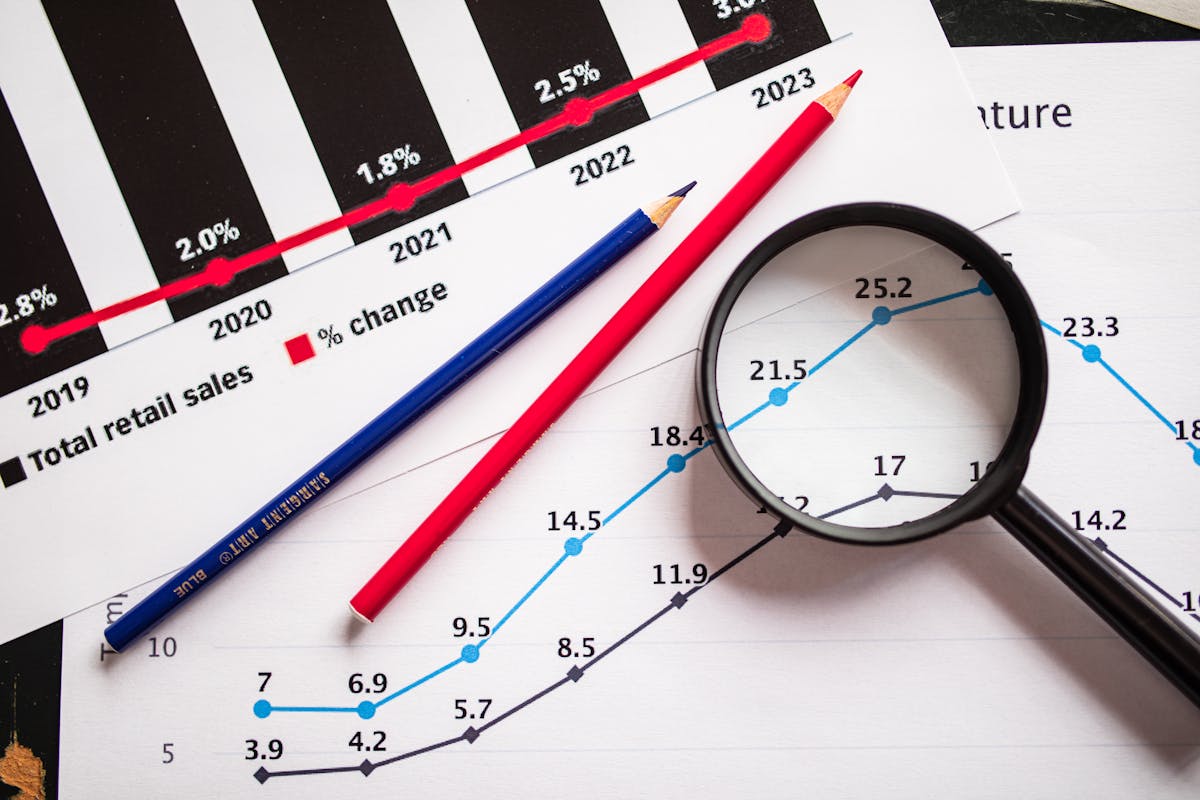 Magnifying glass on financial trend graphs