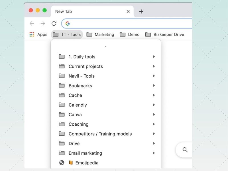 Screenshot of the expanded bookmarks folder structure that the Navii team uses