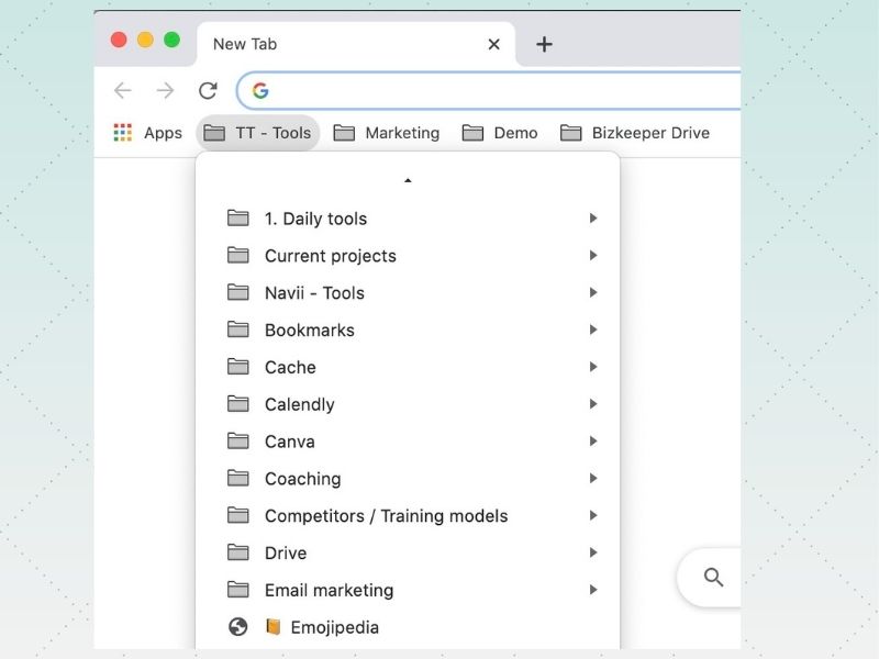 Screenshot of the expanded bookmarks folder structure that the Navii team uses